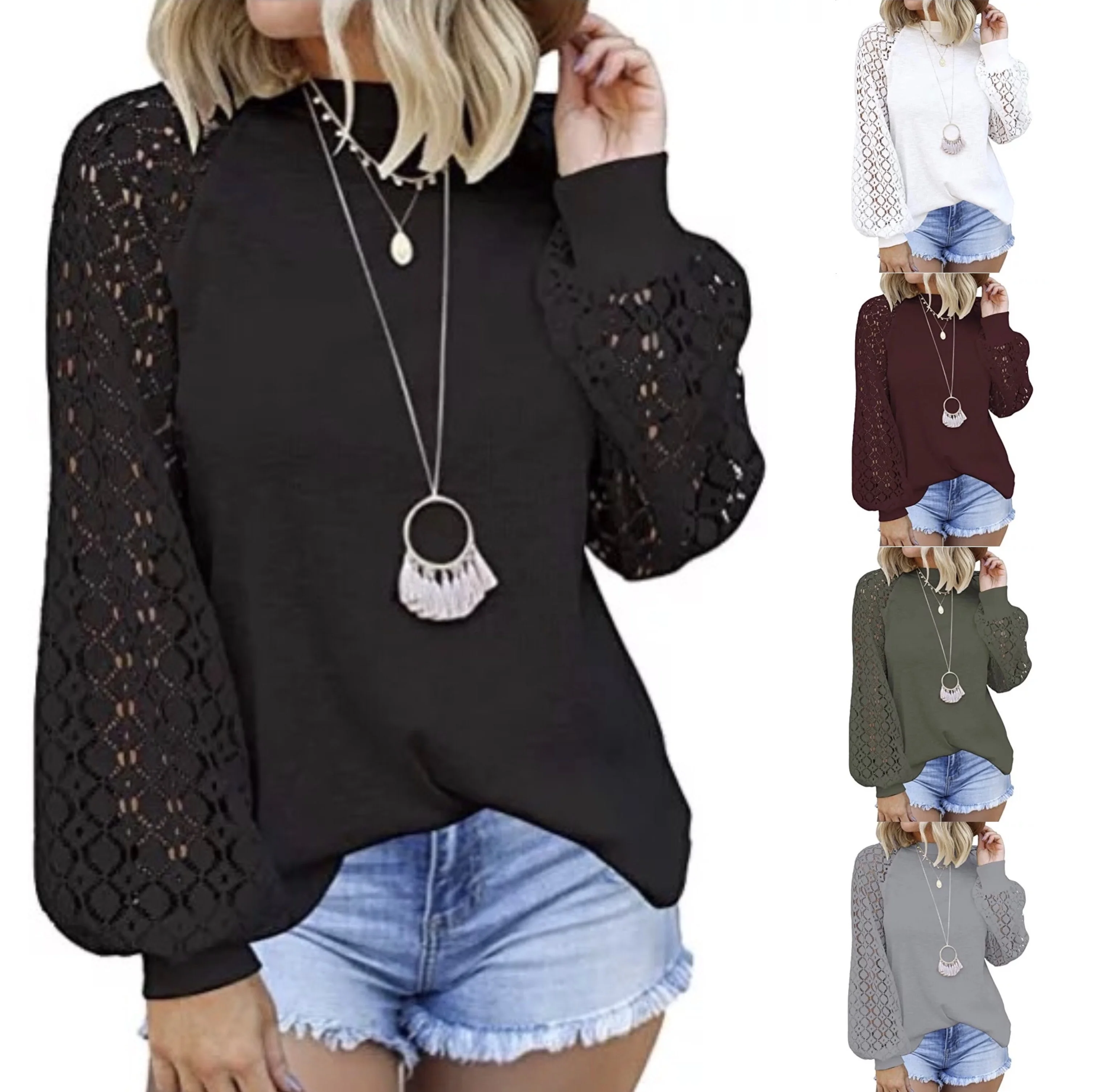 

R36 top Women Lattern Sleeves T Shirt Casual Lace Patchwork O Neck Fashion Hollow Out Pullover Streetwear Female Solid T Shirt
