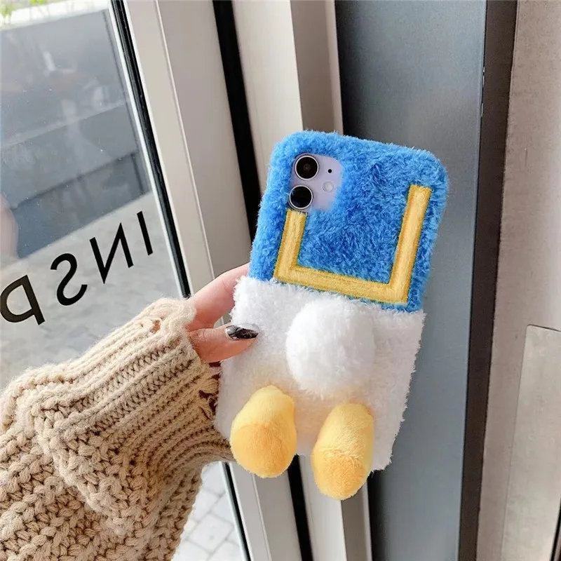 

Luxury Cute Christmas Gift Cartoon Donald Duck Plush Fuzzy Phone Cases Back Cover For iPhone 12 11 Pro Max XR XS 8 7 Plus