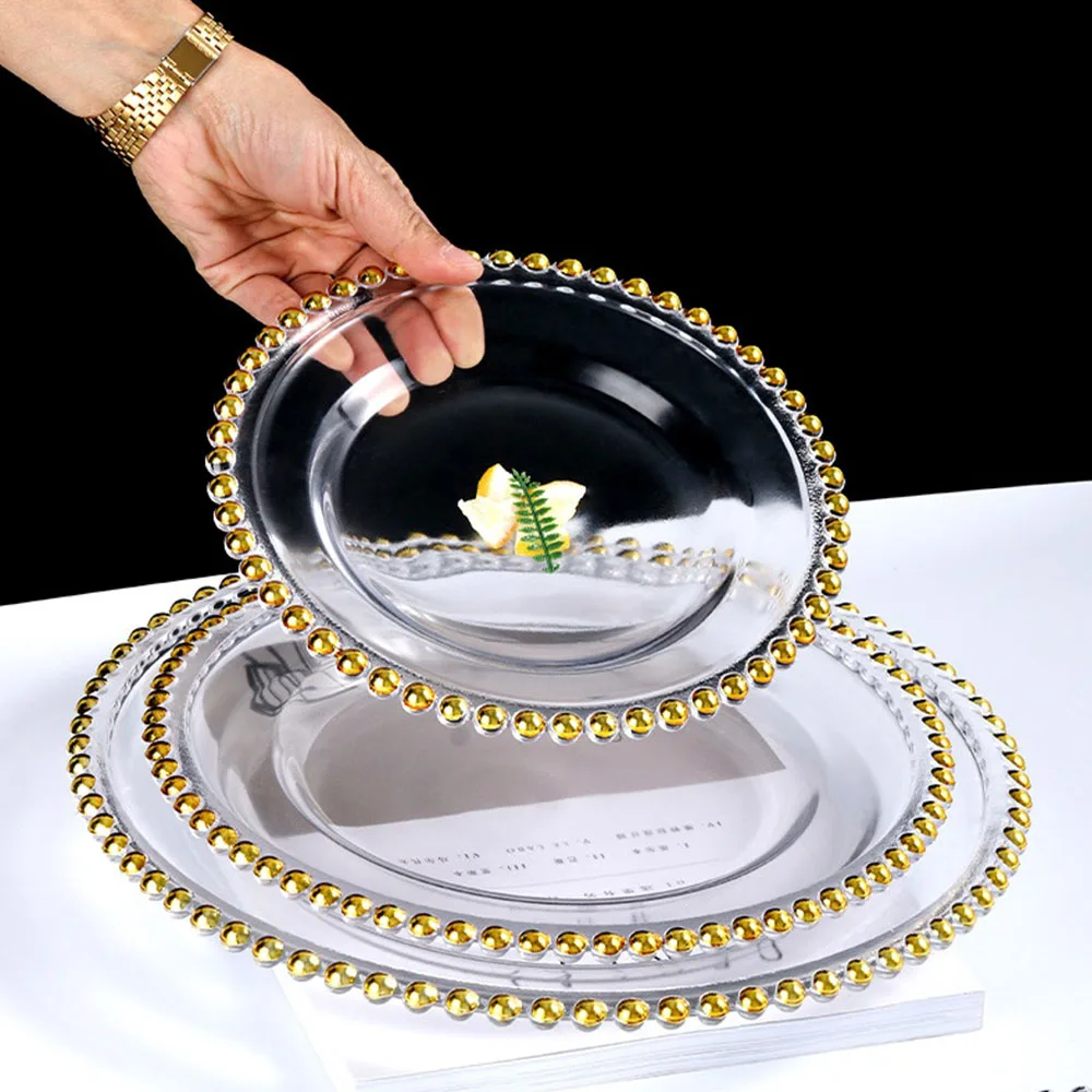 

2020 Hot Sale Wholesale 13inch Gold Silver Beaded Clear Glass Charger Plate For Wedding