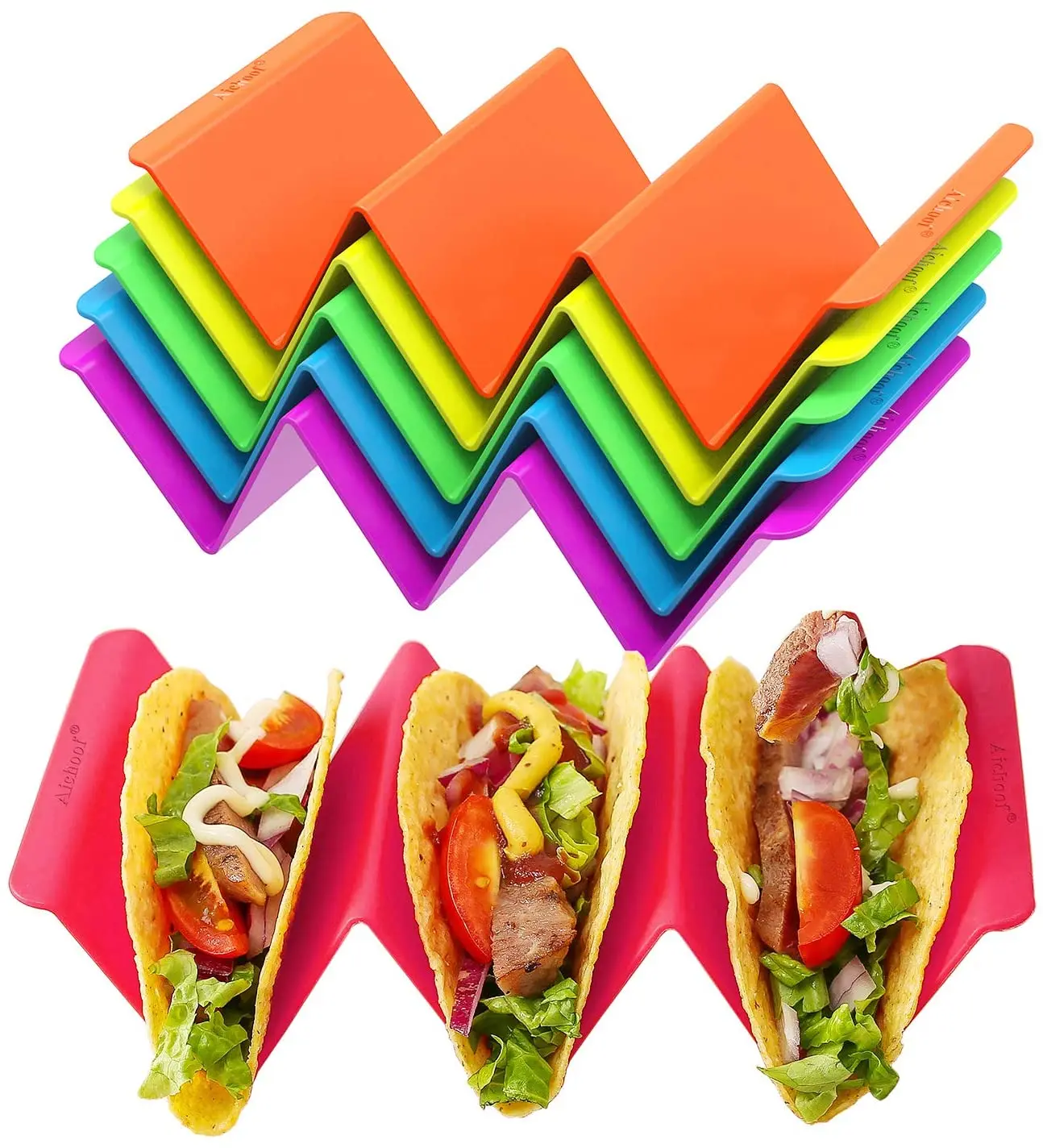 

6 pack PP Colorful Microwave Safe Dishwasher Plastic Hard Sturdy Premium Large Tray Plates Taco Holder Stands