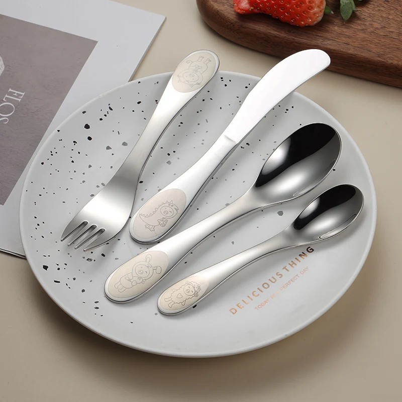 

new product 2021 popular children cutlery set kids spoon and fork kids cutlery set stainless steel flatware, Silver