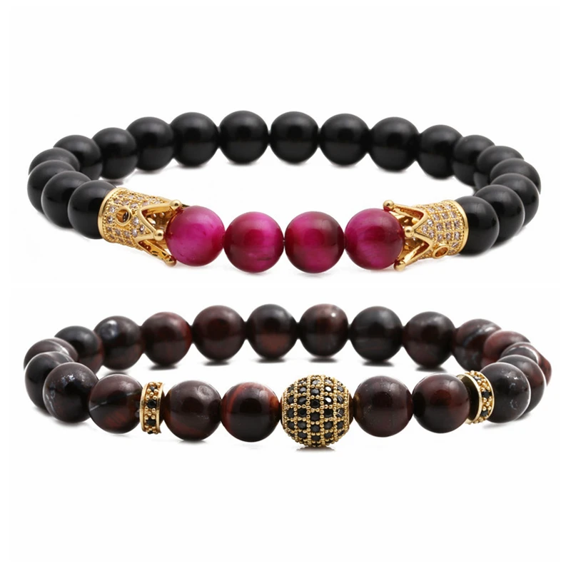 

Hot selling 2pcs/set 8mm handmade new energy jewelry beaded matte tiger eye natural stone custom crown bracelet diy men bracelet, Picture