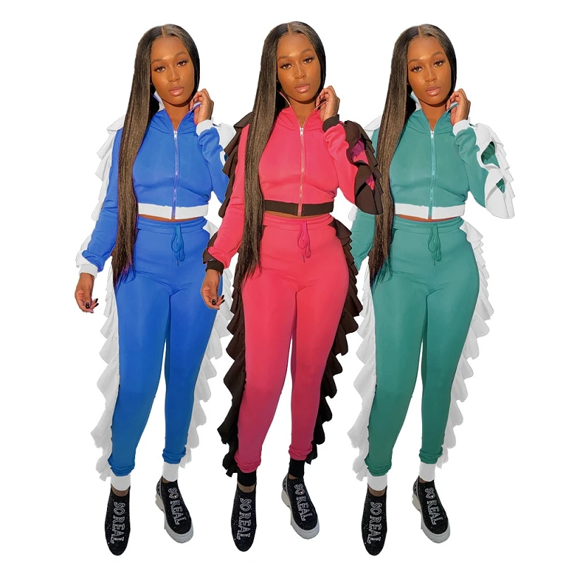 

EB-20082509 Autumn 2021 women fashion jogging sweat suit Patchwork falbala two piece pants set women