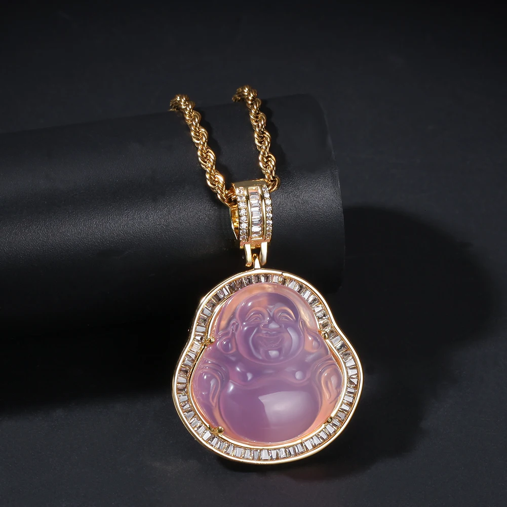 

RTS Mini White Pink Stone Buddha Pendant Necklace Jewelry With 24inch Rope Chain