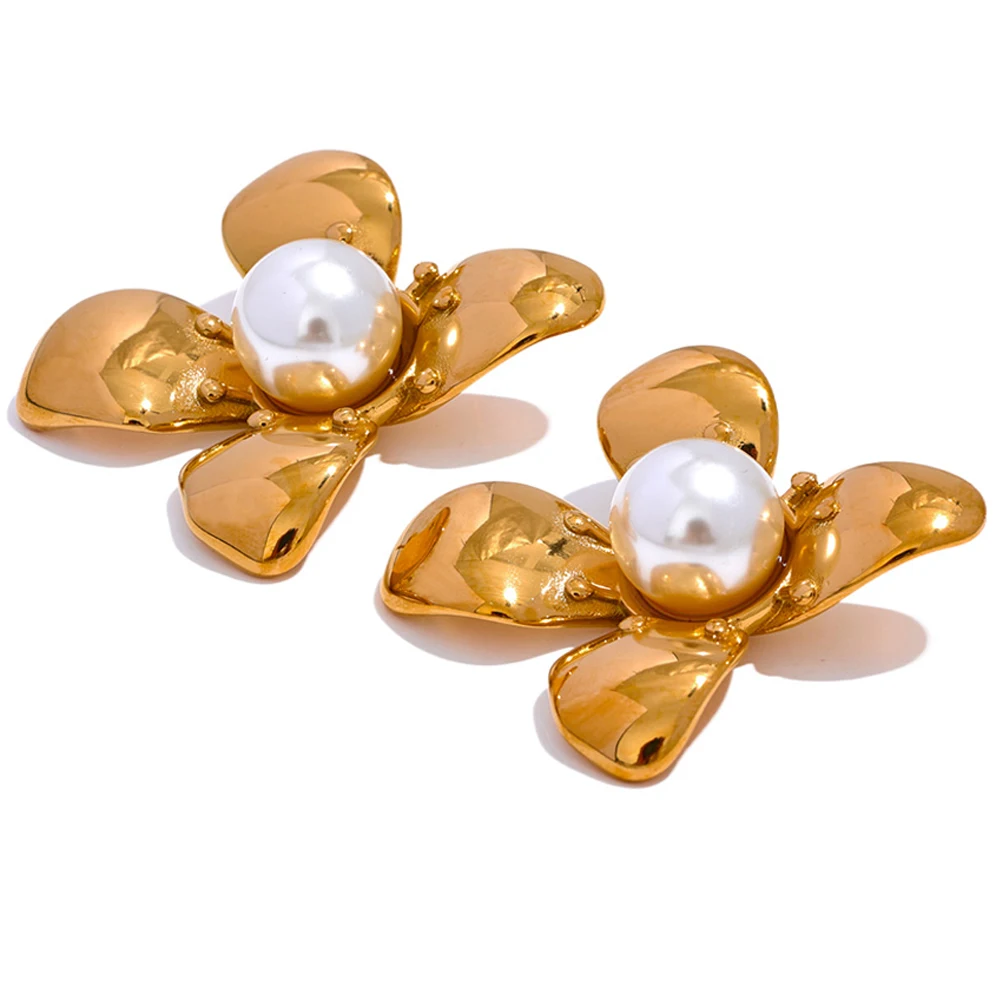 

JINYOU 1372 Elegant Imitation Pearls Stainless Steel Flower Big Stud Earrings Women Golden Rust Proof Trendy Jewelry Party Gift