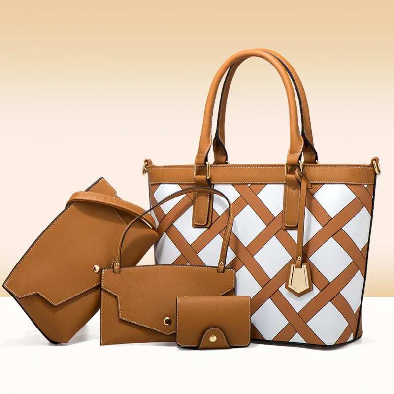 

Ladies Large-capacity diamond pattern handbag trendy fashion shoulder bag clutch bag purse 4 pcs bags set handbag for women, Khaki,black,brown