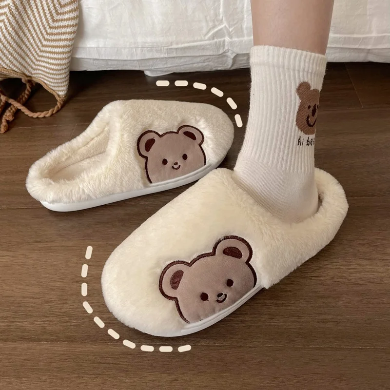 

New Cartoon Bear Cotton Slippers Home Non-slip 3cm Thick Bottom Soft Floor Fur Shoes for Student, White, grey, pink