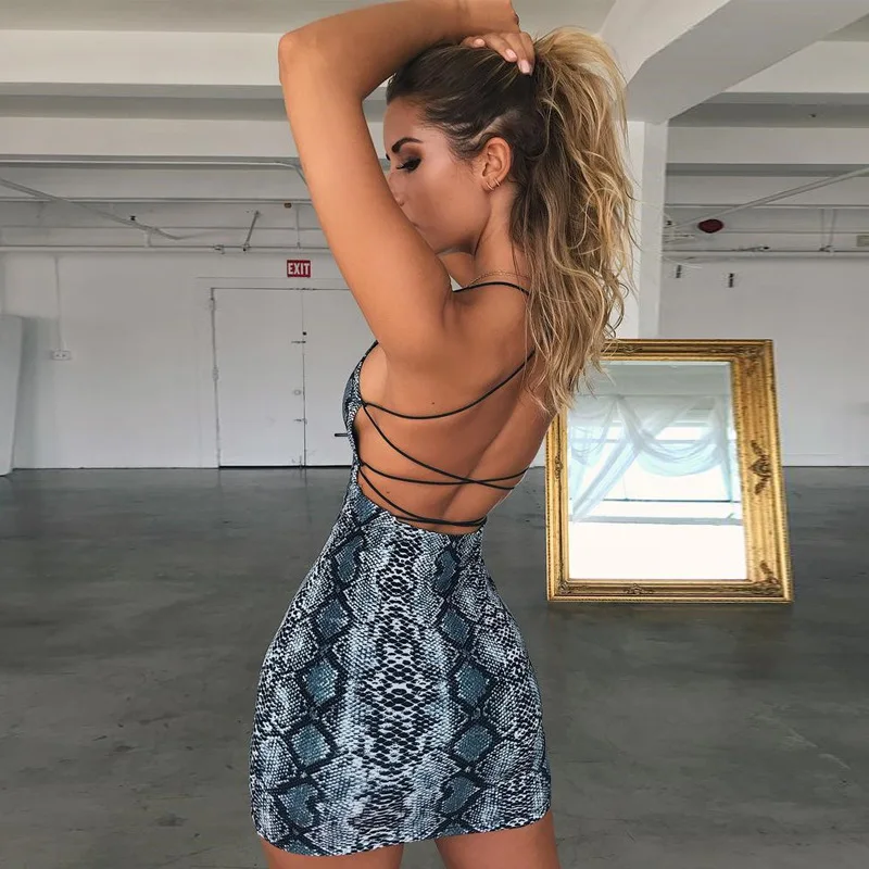 

2021 Snake Print Backless Sexy Bodycon Mini Dress Women Summer Fashion Party Club Sleeveless Clothes Ladies Wholesale Apparel