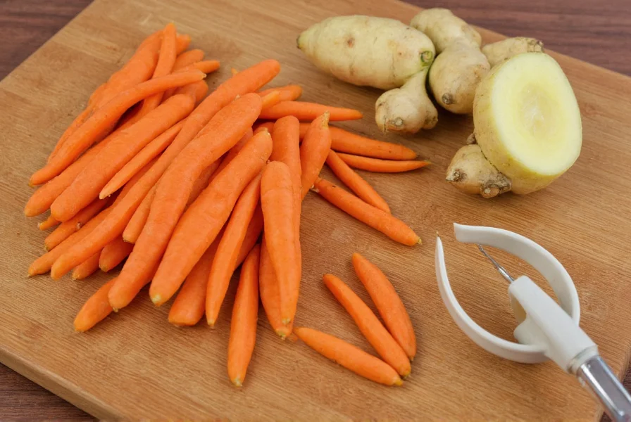 Fresh carrots and ginger root on wooden cutting board with preparation tools
