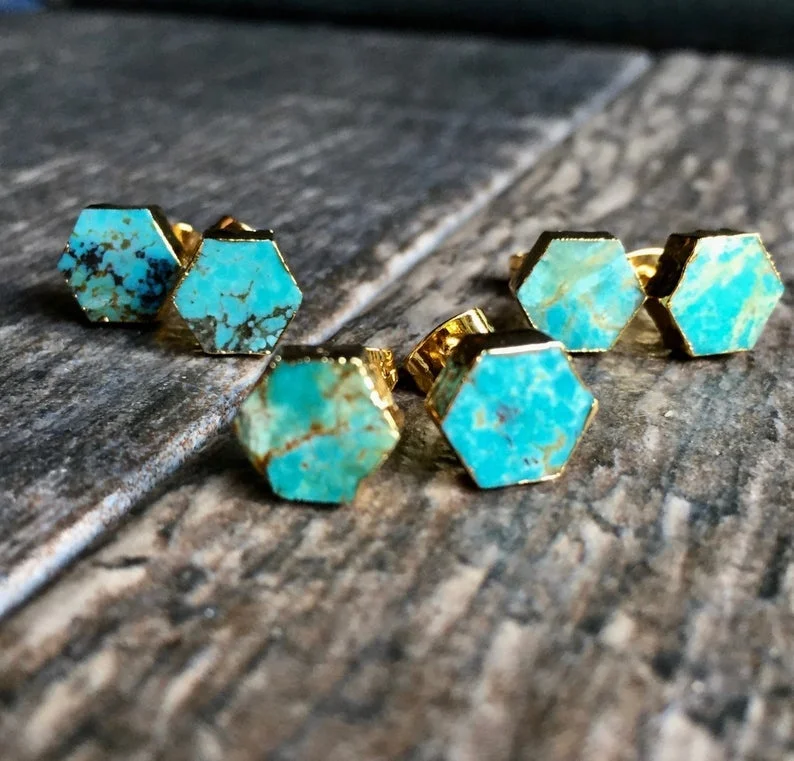 

Natural Turquoise Hexagonal Shape Stud Earrings,Gold Plated Fashion Bohemia Mini Earrings, As picture