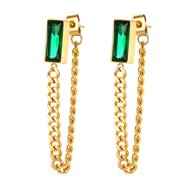

2021 Wholesale HighEnd Gold Plated Stainless Steel Rectangle Border Green Diamond with Chain Emerald Drop Tassel Chain Earrings