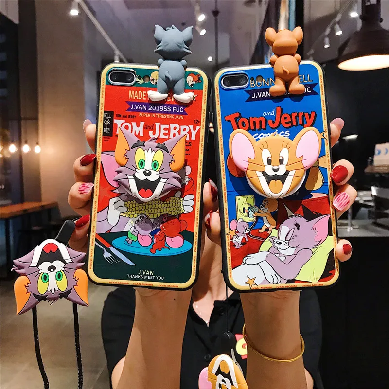 

free shipping tom and jerry lanyard Doll kickstand Case For iphone 12 Mini 12promax 11 XS X rubber Cover, Colorful