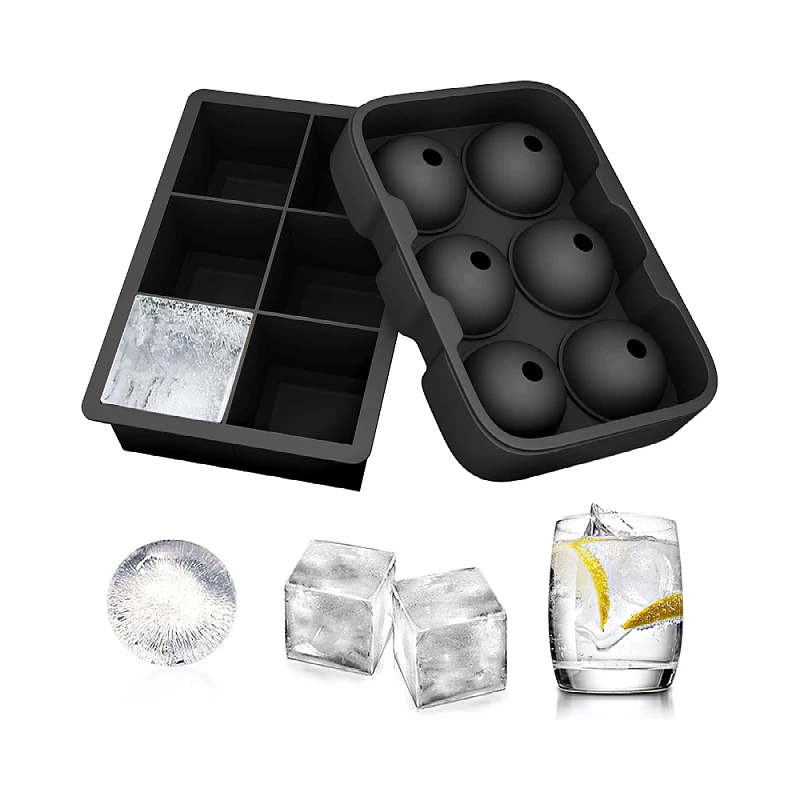 

Ice Cube Trays Silicone Set of 2 Sphere Ice Ball Maker with Lid and Large Square Ice Cube Molds for Whiskey Reusable, Black/gray