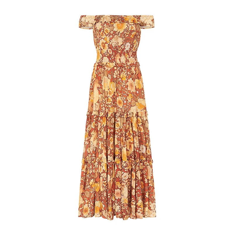 

2020 summer African women off shoulder floral evening for dresses, Orange/ black