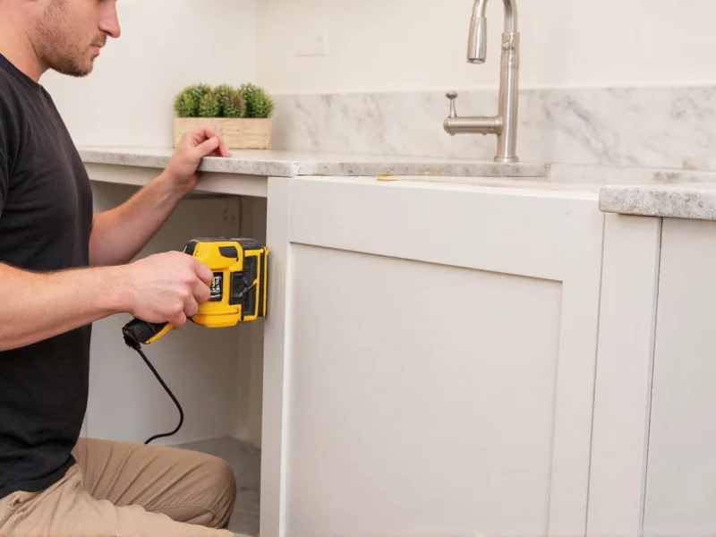 DIY kitchen cabinet installation with laser level tool