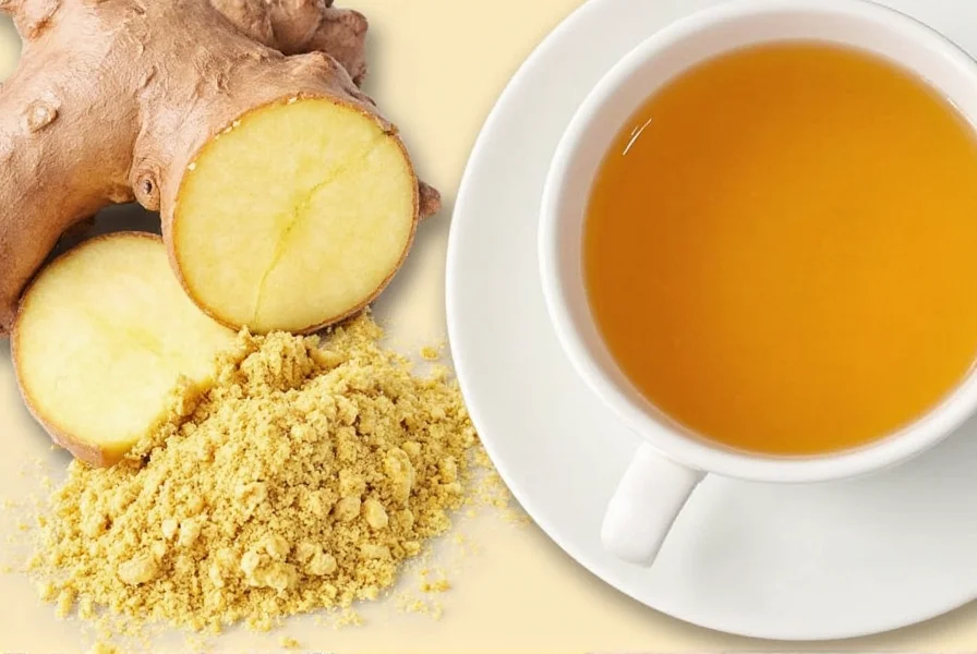 Fresh ginger root slices next to ginger tea and powder for weight management
