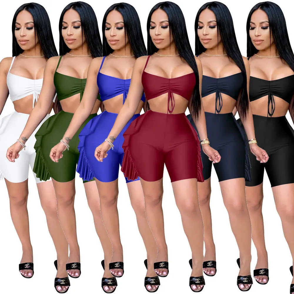 

2021 wholesale summer sexy women ladies solid sleeveless 2 pieces crop top and short pants set, Picture