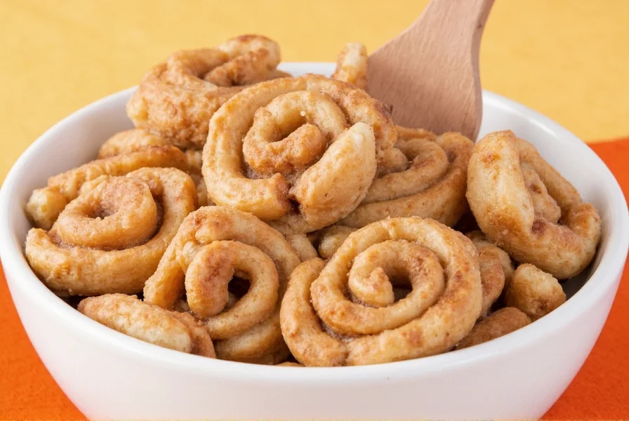 Close-up photo of cinnamon roll cereal in a bowl with milk showing the cereal pieces and frosting bits