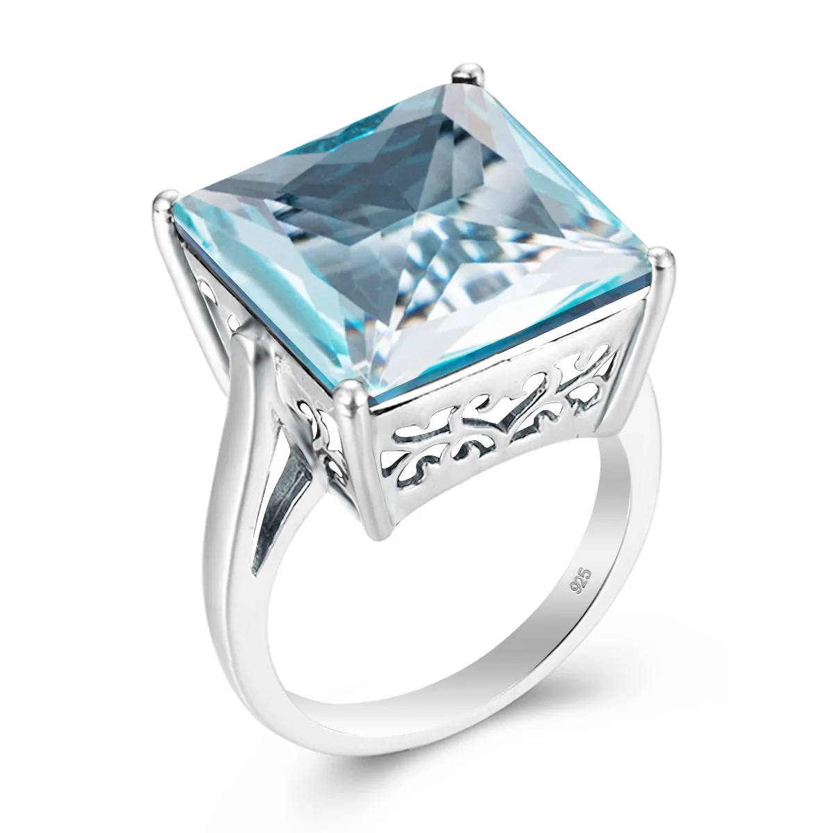 

Jewelry Wholesale High Quality Aquamarine 925 Sterling Silver Square Blue Topaz Vintage Rings Women Big Gemstone Ring