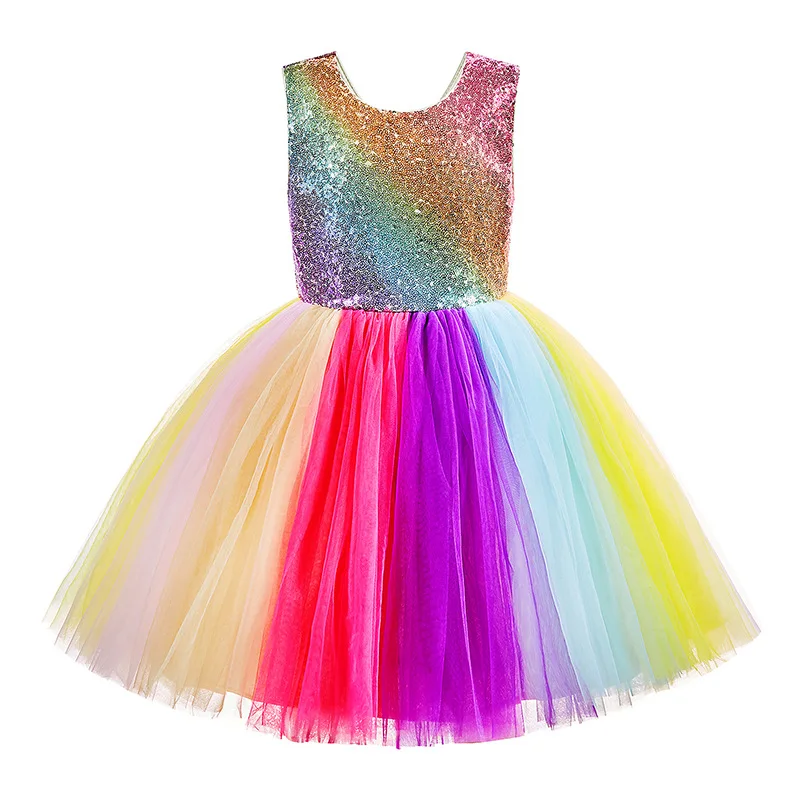 

High Quality Children Clothing Dress Sleeveless Yarn Bubble Rainbow Wedding Birthday Party Princess Girl Dress, Picture shows