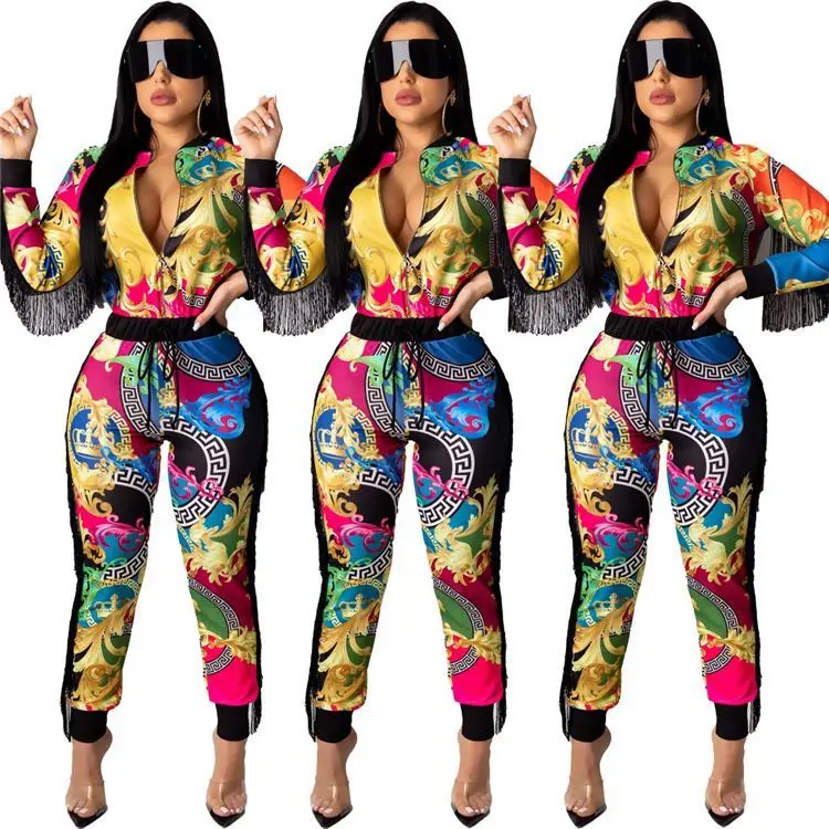 

2020 Autumn Fashion Tie Dye Printed Tassel Long Slvee 2 Piece Jogging Sets