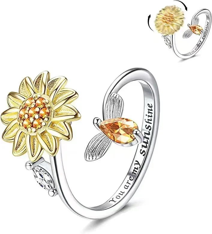 

Hot-Sale Open Adjustable Bee Sun Star Rotating Finger Ring Custom Letter Logo Sunflower Spinner Rings For Anxiety