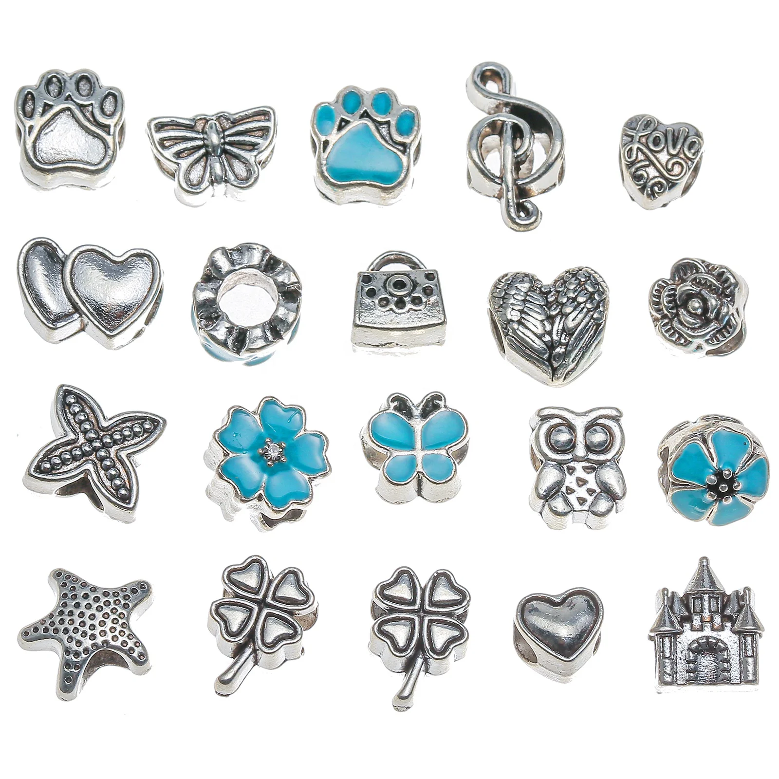 

New Antique Silver Plated Big hole Alloy beads enamel Flower butterfly Beads Charms DIY Pendant for jewelry making Accessories, As shown