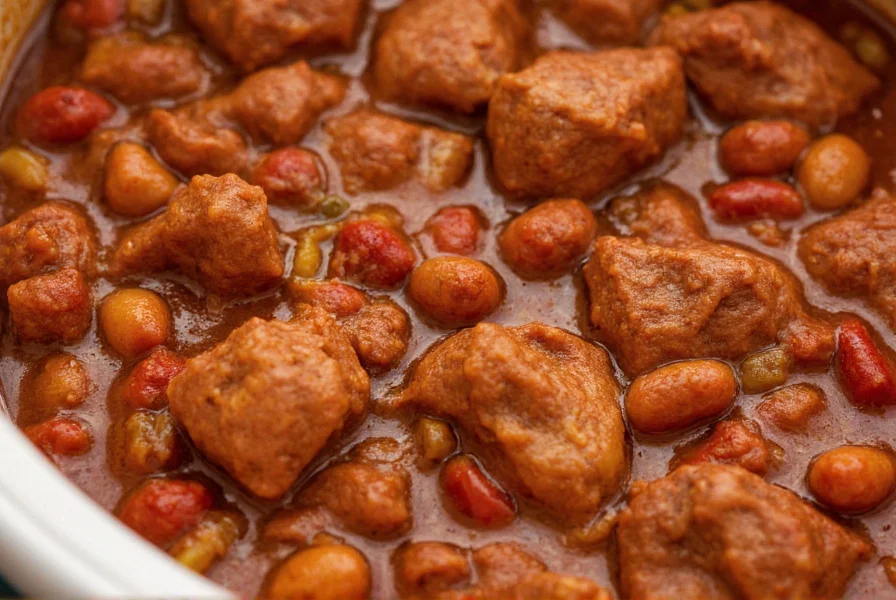 Close-up of perfectly textured venison chili in slow cooker, showing tender meat chunks and rich broth