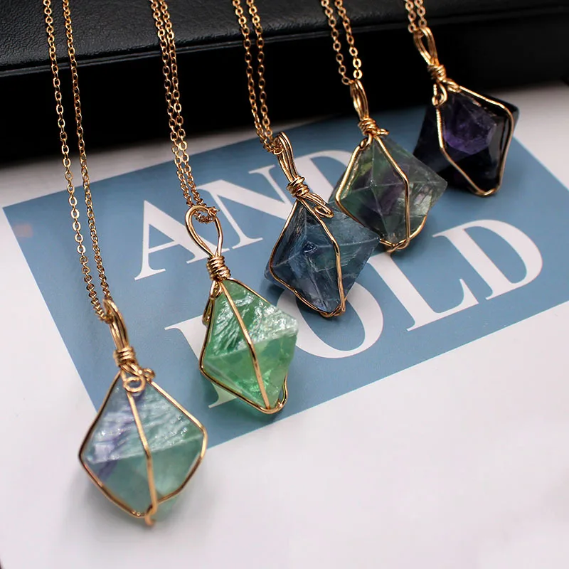 

Ladies Natural Fluorite Jewelry Colorful Crystal Necklace Pendant Women Ladies Tie Wire Plating Pendant, As picture