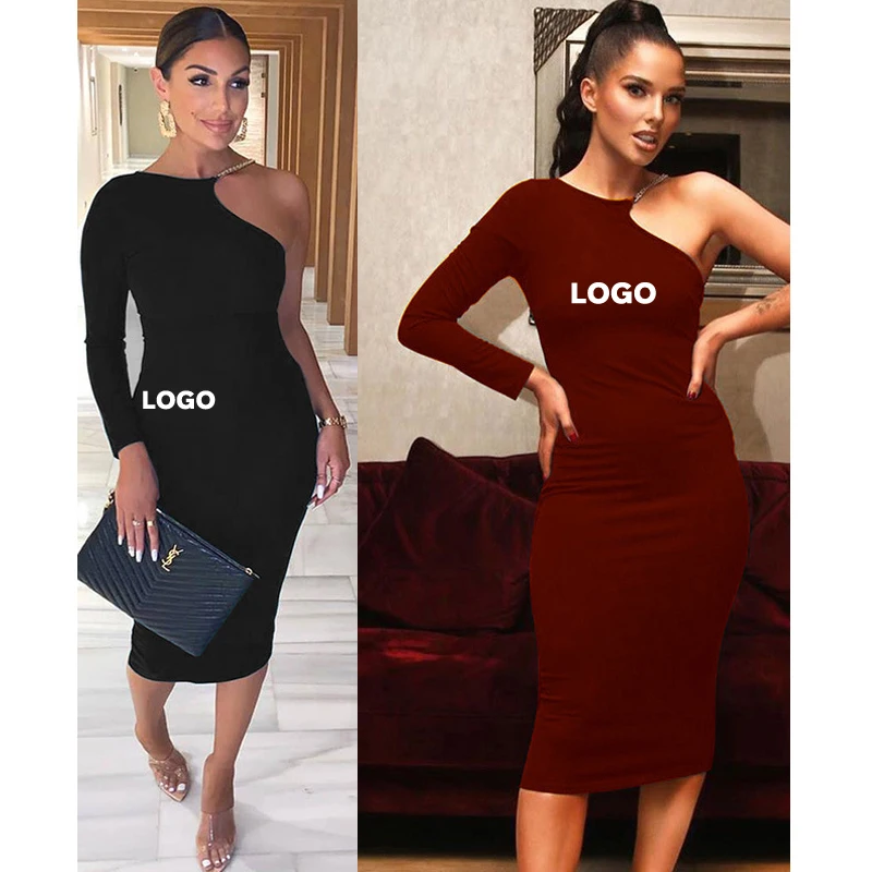 

Free Shipping One Shoulder Long Sleeve Sexy Fashion Party Dress Elegant Ladies Dress Midi Dress