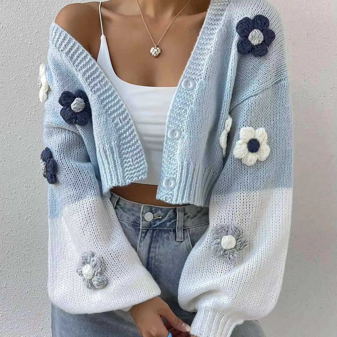 Hot Style Women'S V-Neck Lantern Sleeves Knit Cardigan Open Front Outwear With Casual Style for Winter
