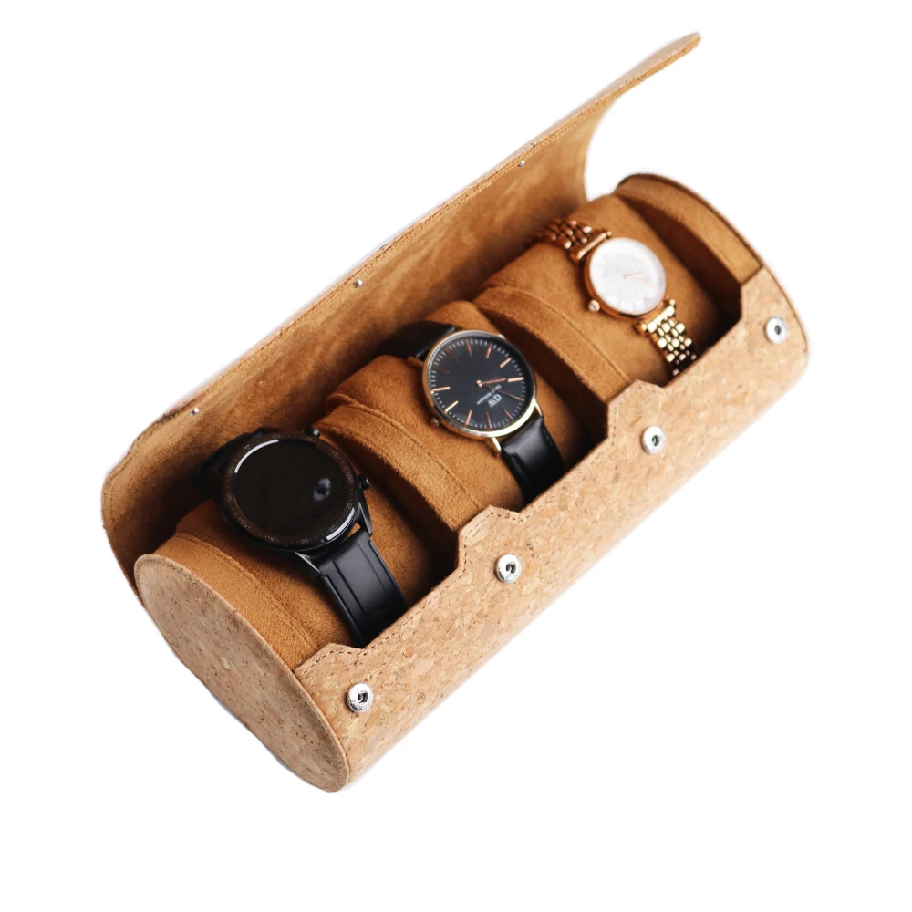 Luxury Cork Leather Travel Watch Case Roll Organizer With 3 Watch Slots