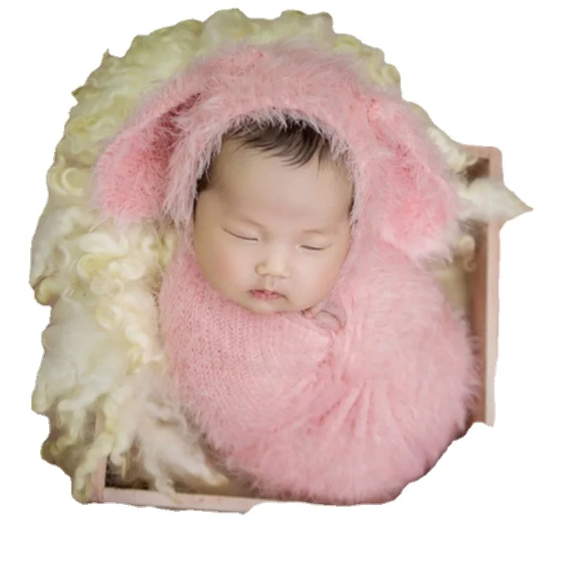 

Pink Bunny Bonnet Wrap Set Baby Stretch Knit Wrap Layer Fabric Photography Props Baby Blanket Knitted Animal Hat