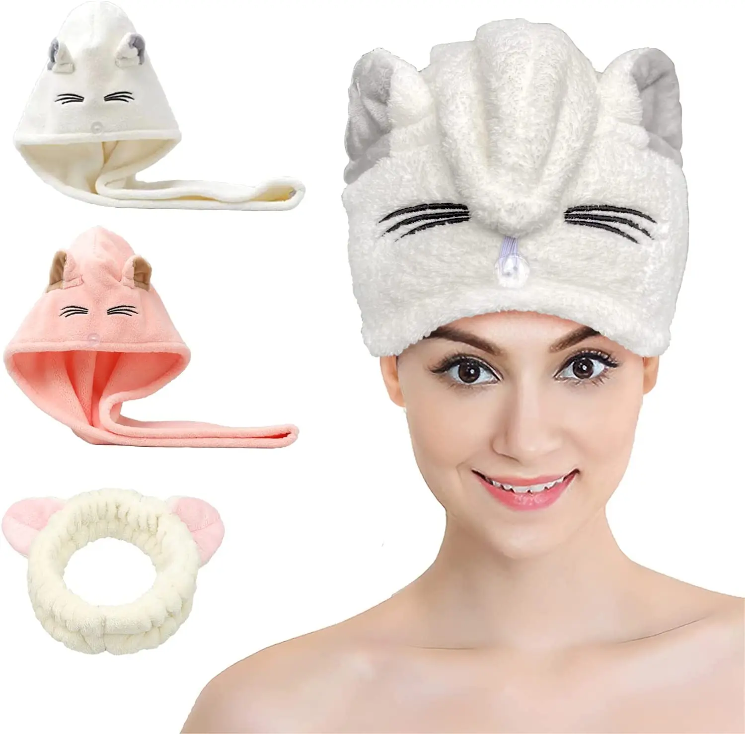 

Hair Drying Towel wrap with cat Ear Quick Drying Hair Tools for Women and Kid Girls Super Absorbent Dry Head Turban with Button