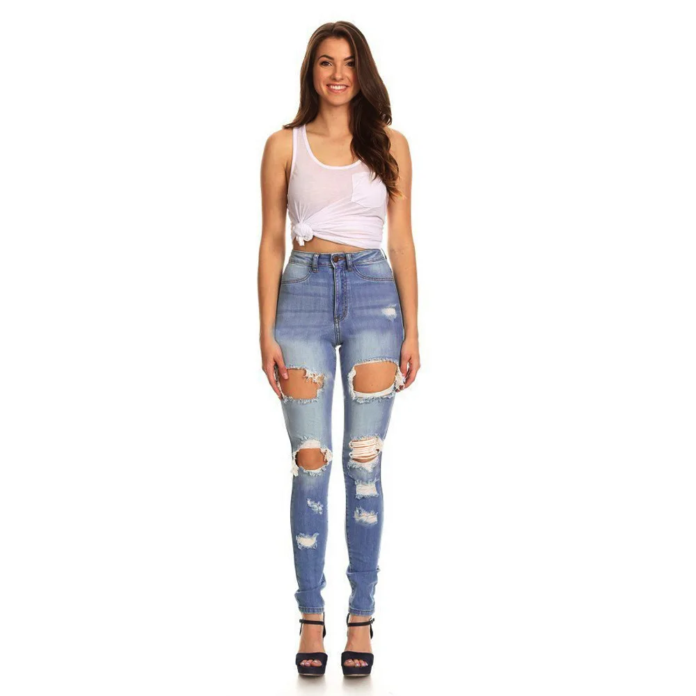 

New women jeans tight elastic hole jeans pant high waist slim fit butt lift jeans for women