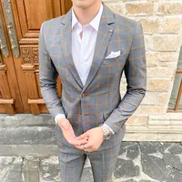 

Wholesale Men's Suit Two-Piece Slim Plaid Long Sleeve Business Gentleman Wedding Dress Grey checked Fabric Custom suits for man