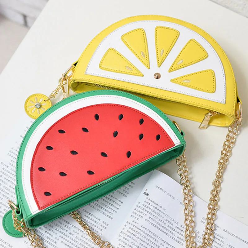 

New Design China Lemon Watermelon Fruit Shape Chain Hand Bags Creative Ladies Bags Handbags Fruit Purse, Customizable