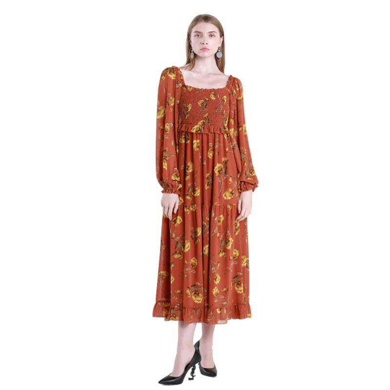 

J&H Hot sale custom orange floral printed smocking Long Sleeve Chiffon Maxi Dress