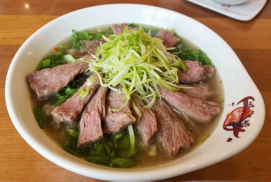 Traditional Vietnamese pho bowl with beef slices, herbs, and clear broth served at Pepper Twins West Gray