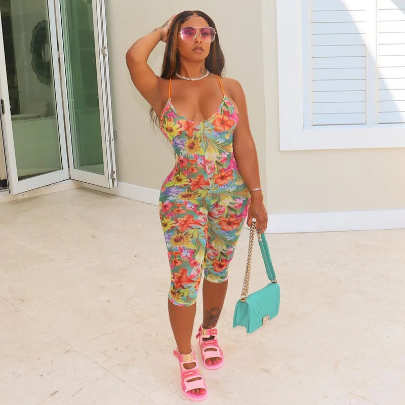 

H6328 - bodycon fashion sexy mesh printed backless sleeveless halter women rompers