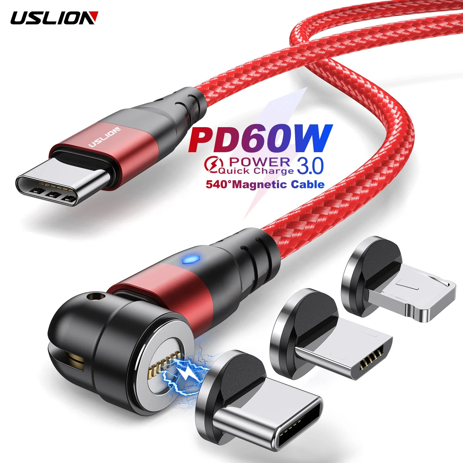 

USLION Elbow Magnetic Charger Cable for iphone LED Indicator Mobile Phone USB Charge Cable for Android, Black;gold;red;silver