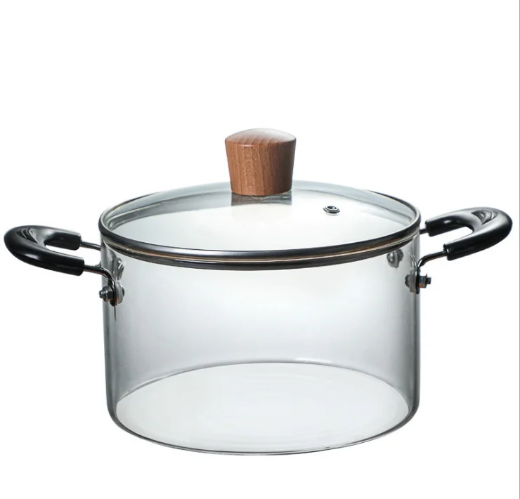 

wooden frome transparent high borosilicate fiber glass noodle cooking pot to cook on fire, Customized color