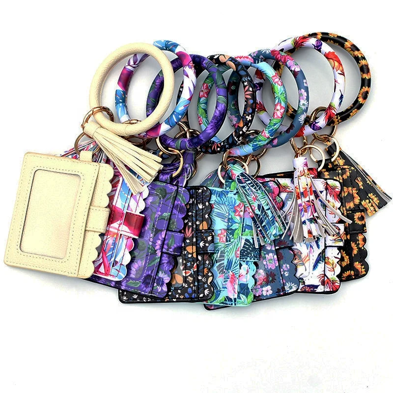 

Cute colorful pattern card holders bracelet ring leather card holders for lady key ring card holder