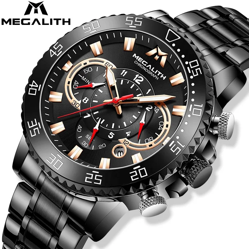 

MEGALITH Men's Watch Top Luxury Stainless Steel Big Dial Quartz Men Watch Sport Chronograph Waterproof Wristwatch Man Date Clock
