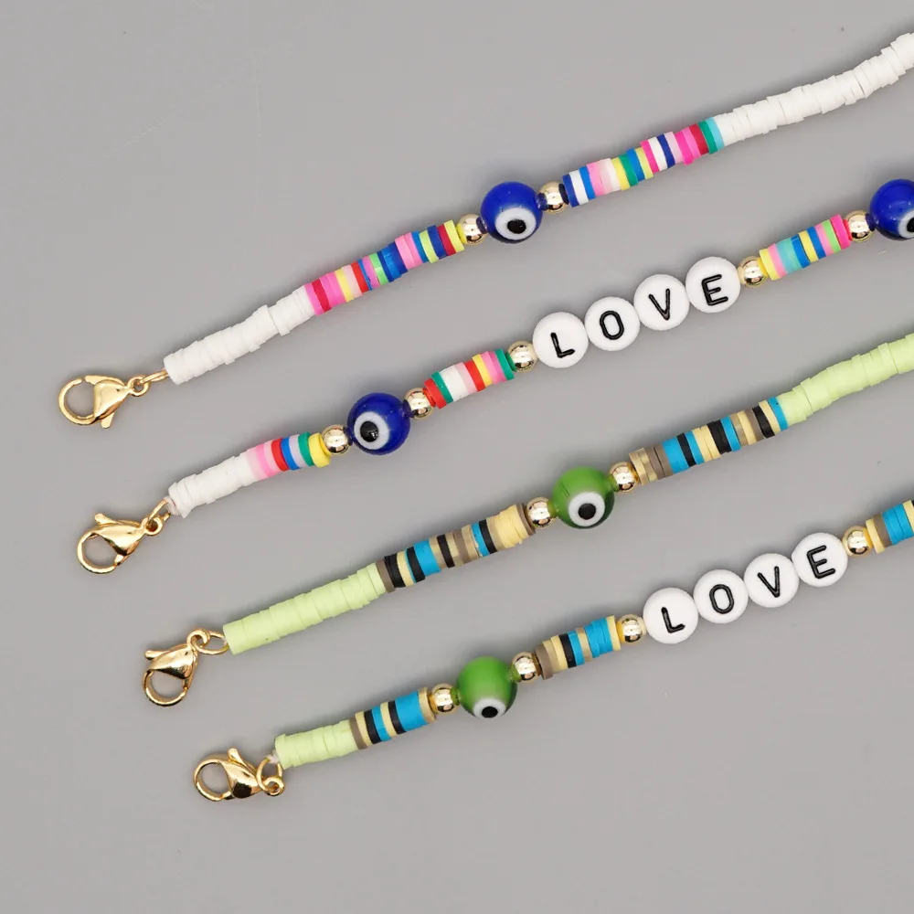 

Simple bohemian style color soft pottery eye beads LOVE letter necklace masking chain glasses chain lanyard female, As the option