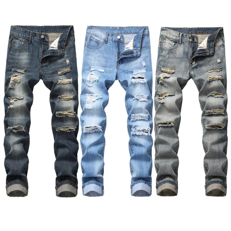 

Plus size biker blue jean denim pant high waist mens skinny boy's boyfriend trousers fashion ripped wash distressed men's jeans