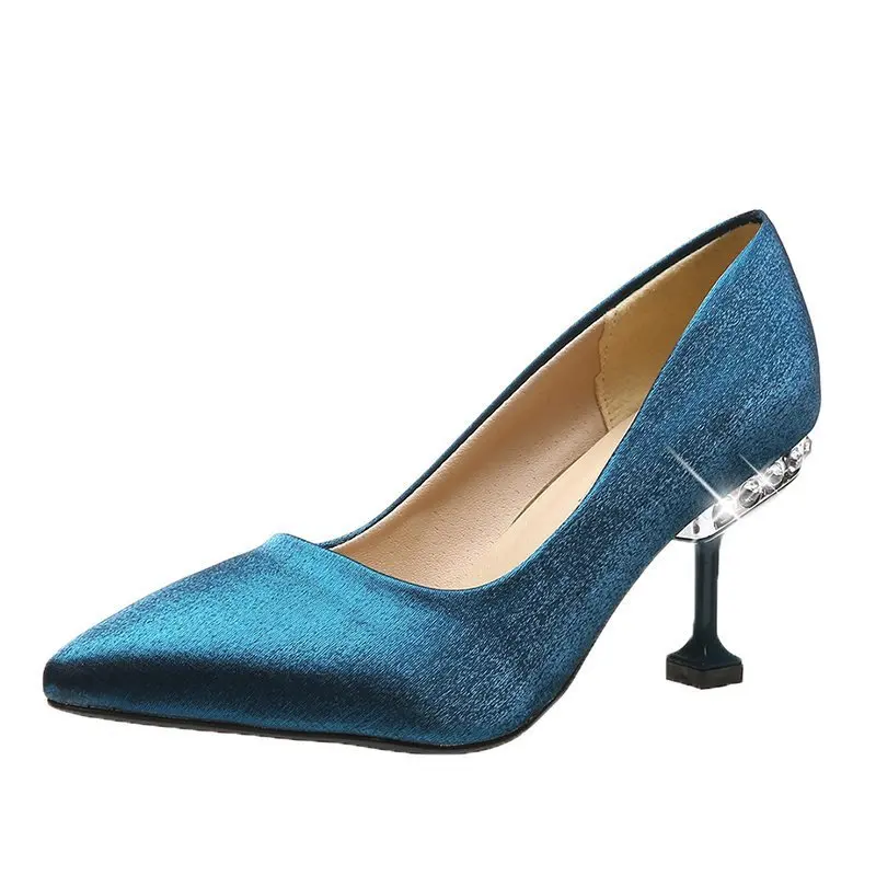 

New Fashion Trend Glitter Rhinestones Blue Pointed Toe Stiletto Satin Ladies Office Wedding Dress Women Thin High Heel Pumps