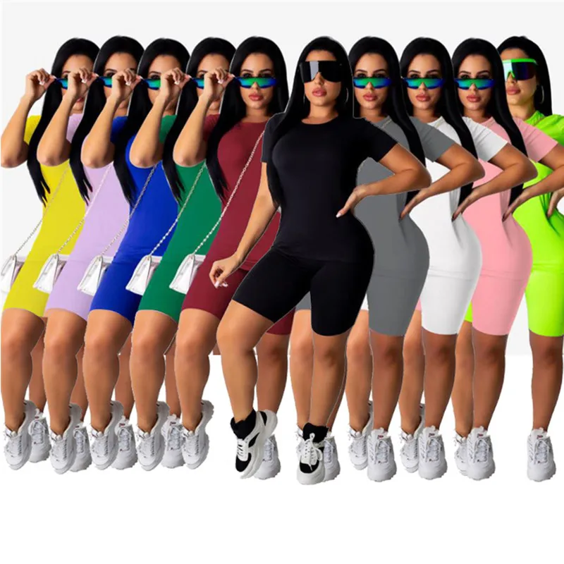 

2021 fashion new arrivals solid color plus size t-shirts women two piece outfit 2 piece short set for women