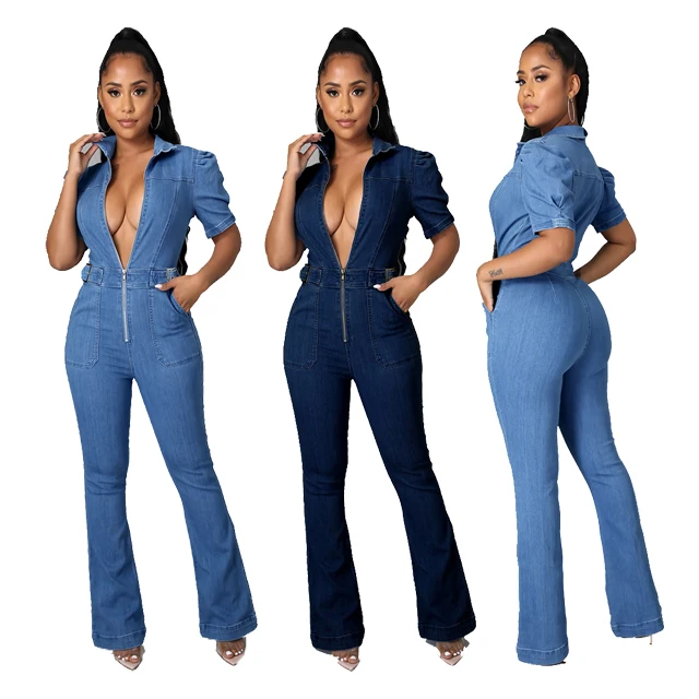 

GX2928 boutique fall 2021 women clothes one piece sexy v neck playsuit new arrivals bodycon denim jumpsuit, Picture
