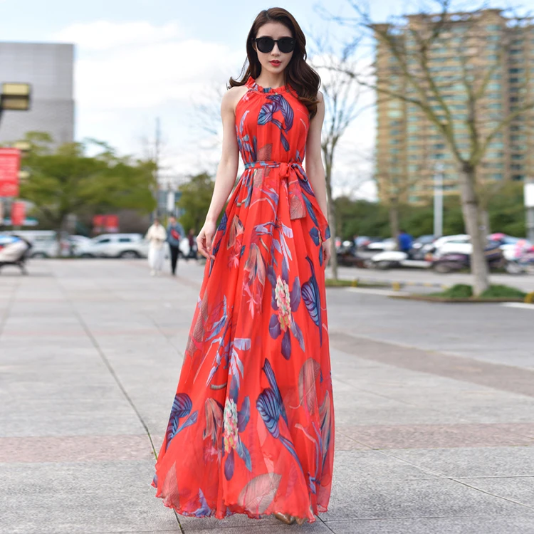 

Summer Chiffon Red Tropical Floral Maxi Dress Summer Vacation Holiday Beach Casual Dresses Plus Size Woman bangkok dress